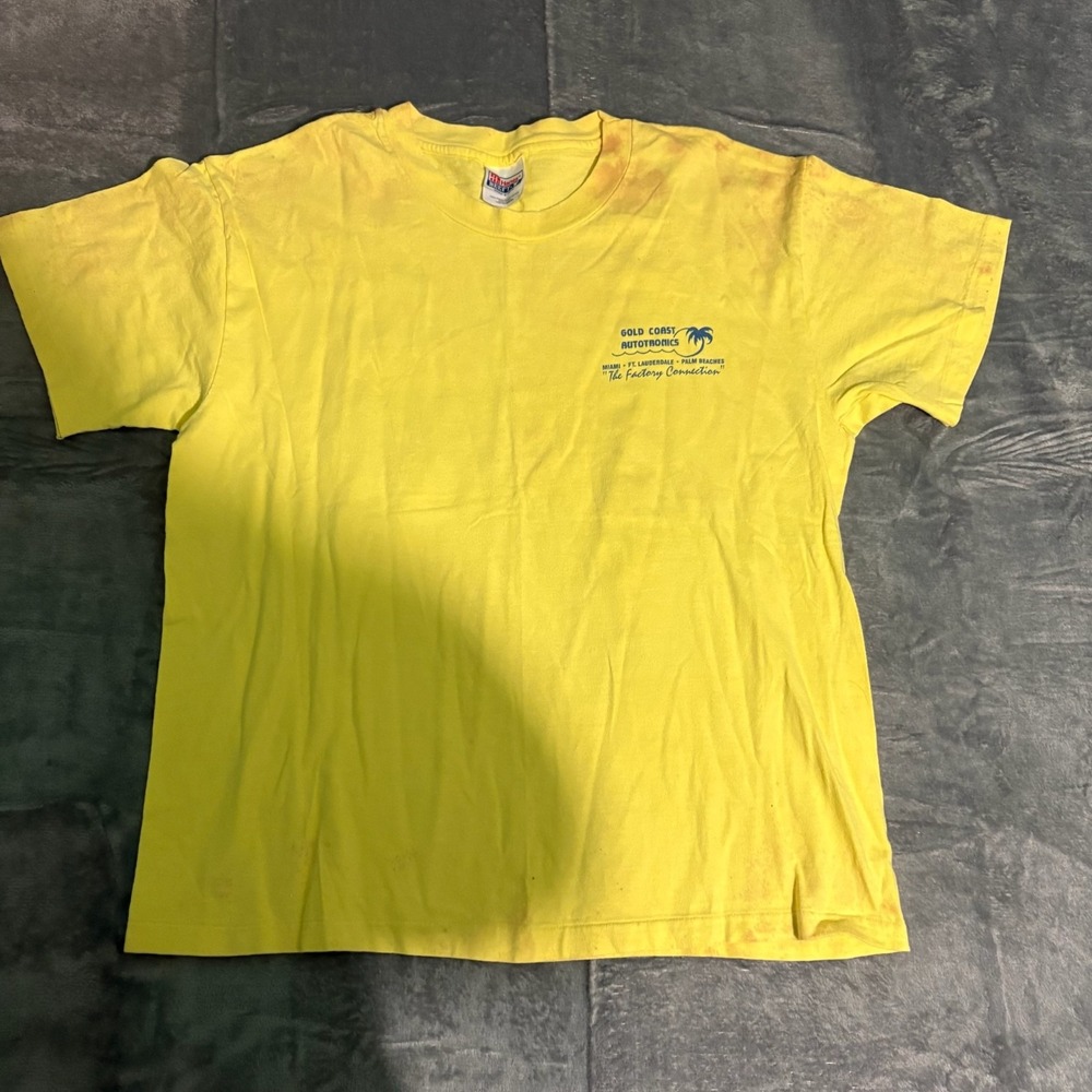 Vintage Beefy T Hanes Shirt Mens Large Yellow Short Sleeve Stained Ford Graphic